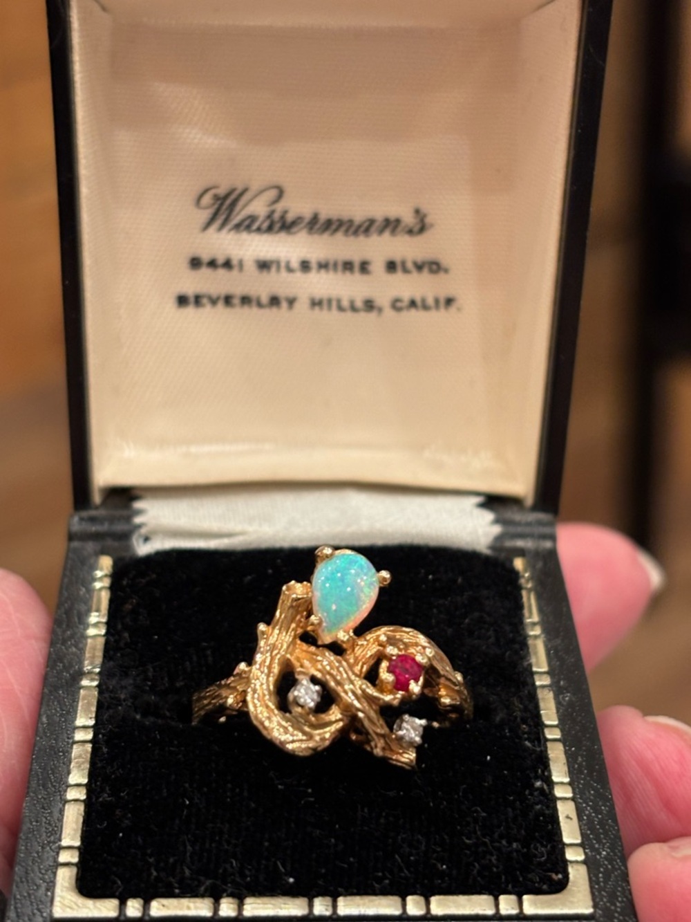 Stunning Wasserman's 14 karat Gold Opal diamond, and Ruby Women's Ring